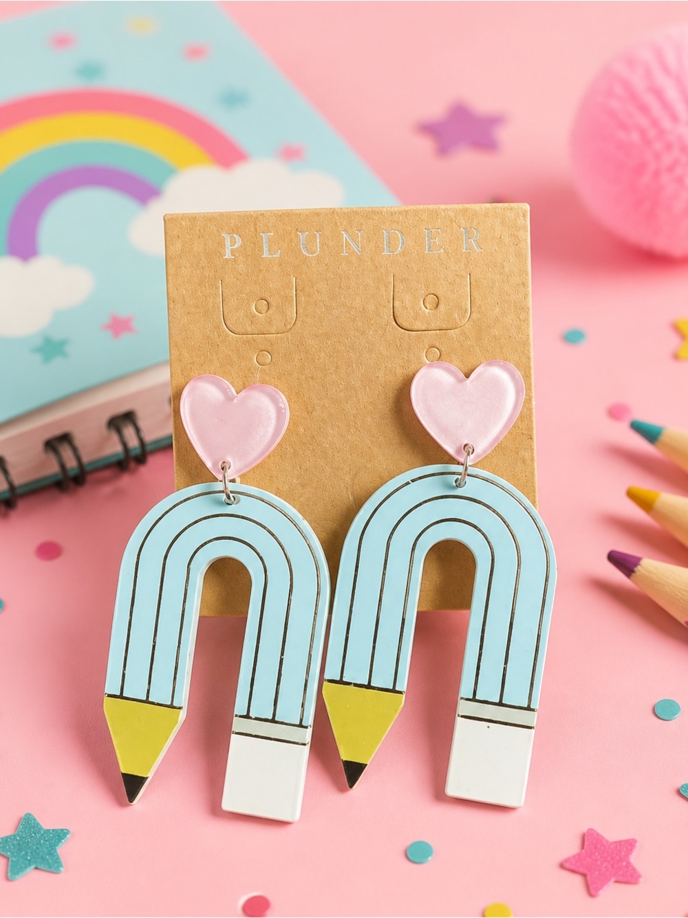 Plunder Blue Pencil Rainbow Earrings with Pink Heart Tops